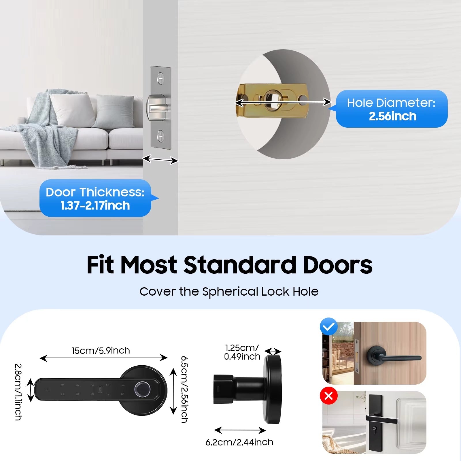 Smart Door Handle Lock Fingerprint/Password/IC Card /Key Unlock 0.2s Unlocking Type-C Emergency Power for Home Apartment Office