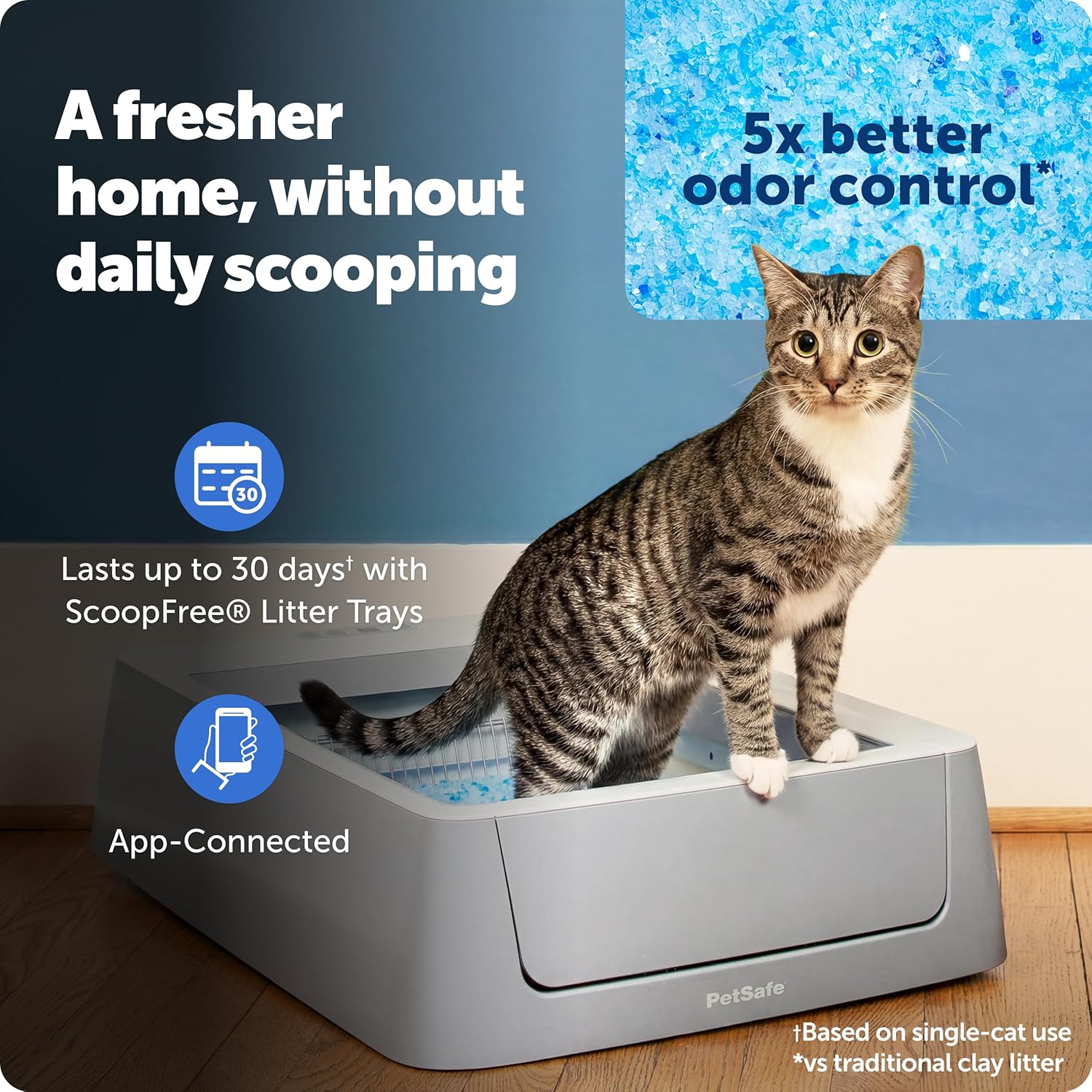 PetSafe ScoopFree Crystal Smart Self-Cleaning Cat Litter Box WiFi (2.4 GHz) & App Enabled Hands-Free Cleanup, Less Tracking, Superior Odor Control Includes Disposable Tray Gray (PAL00-16807)