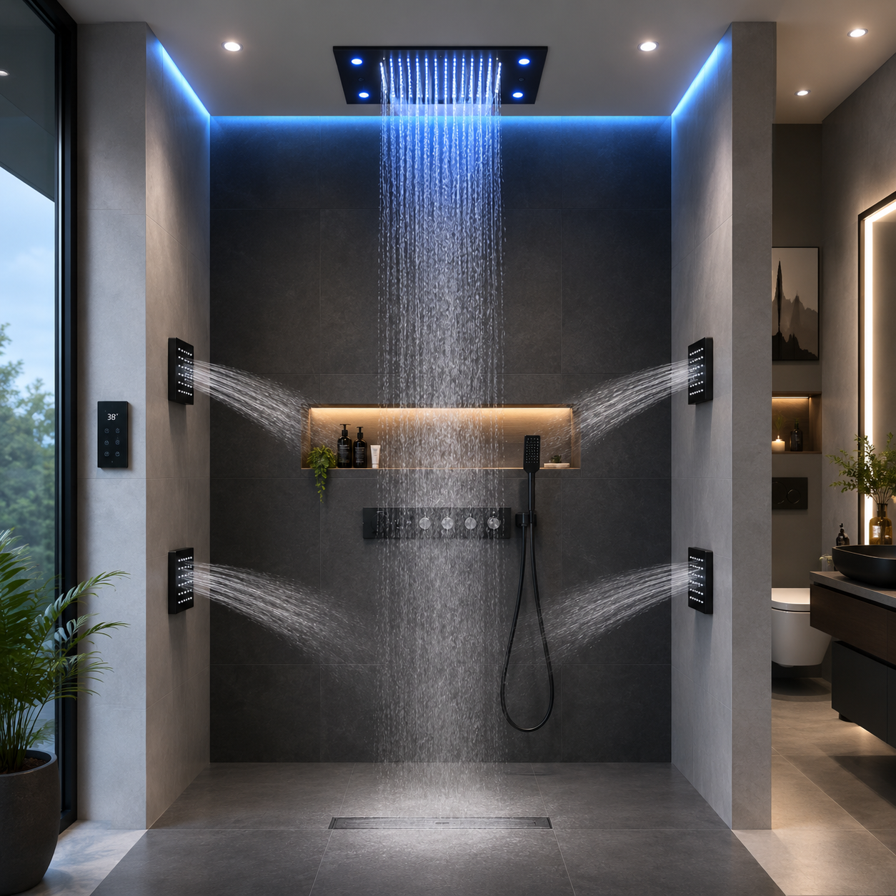 LED Light Shower Set Temperature Sensing Color Changing Handheld Shower Combo with Massage Body Jets Thermostatic Shower System