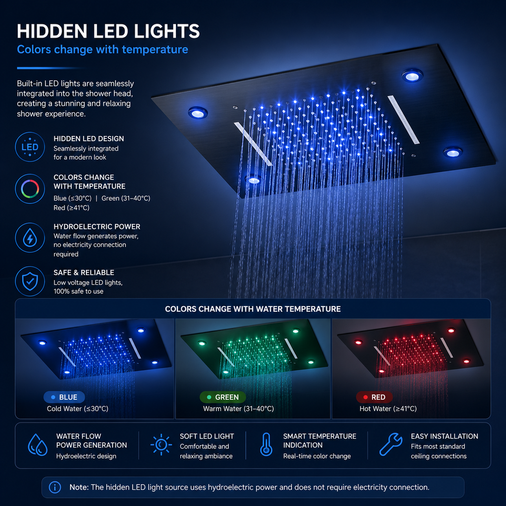 LED Light Shower Set Temperature Sensing Color Changing Handheld Shower Combo with Massage Body Jets Thermostatic Shower System