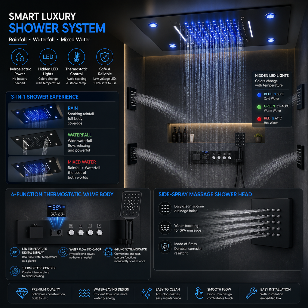 LED Light Shower Set Temperature Sensing Color Changing Handheld Shower Combo with Massage Body Jets Thermostatic Shower System