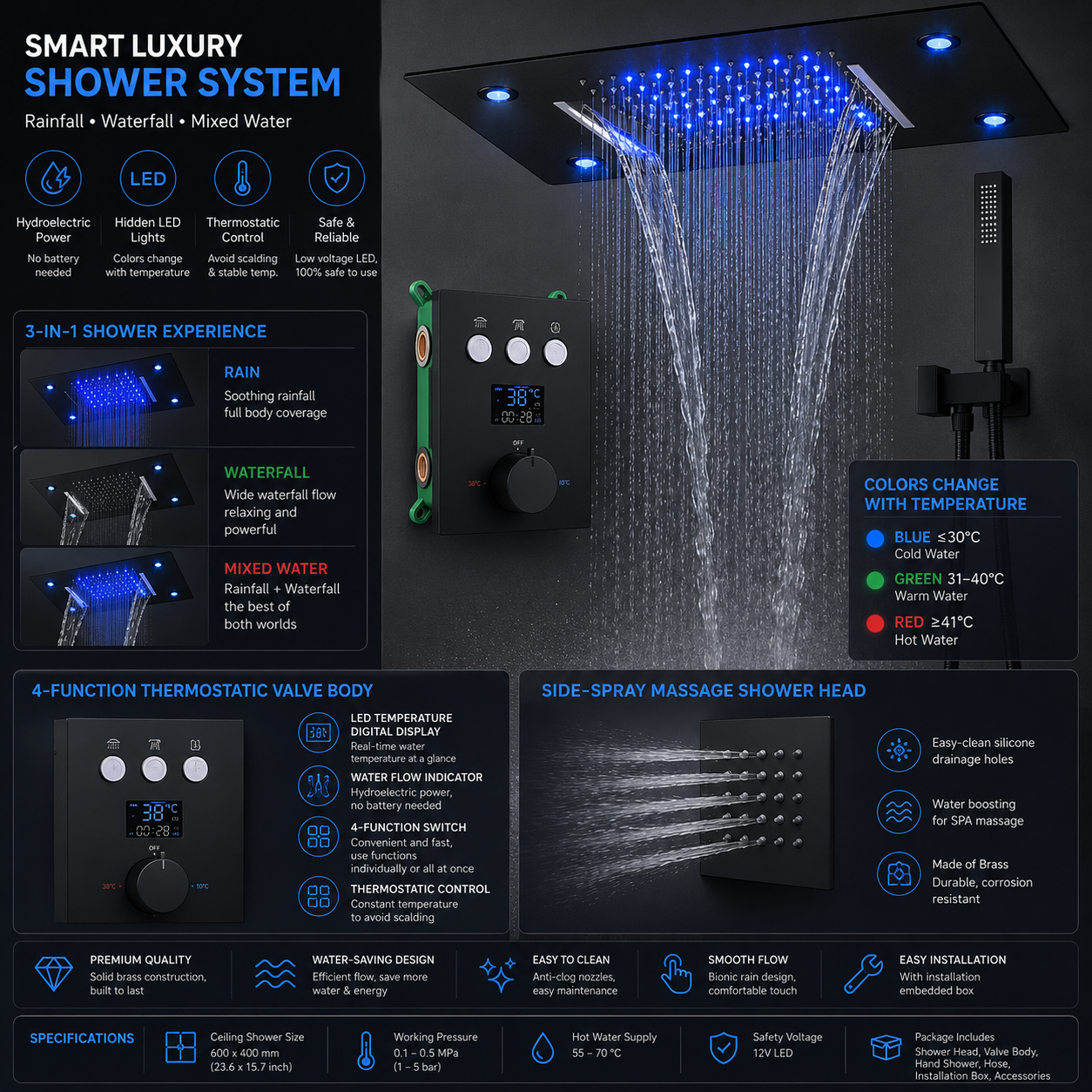 LED Light Shower Set Temperature Sensing Color Changing Handheld Shower Combo with Massage Body Jets Thermostatic Shower System
