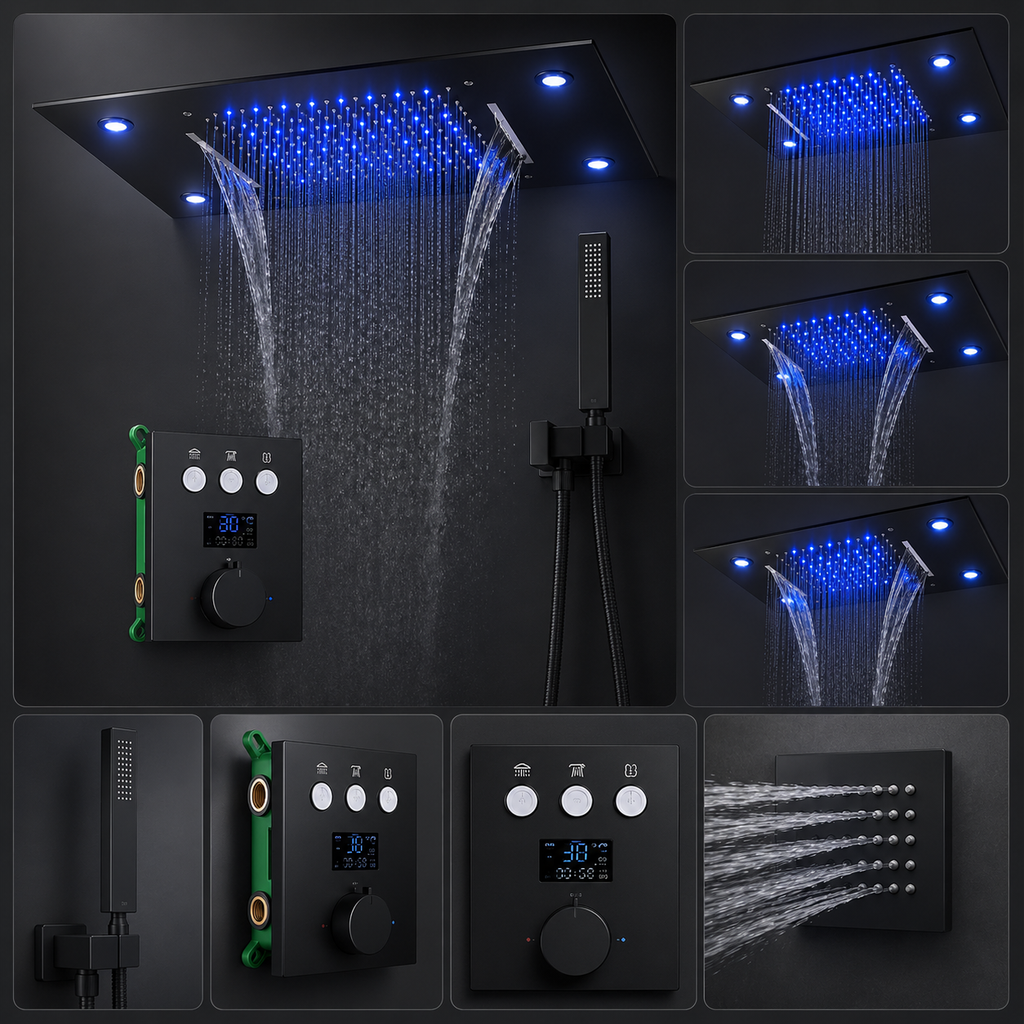 LED Light Shower Set Temperature Sensing Color Changing Handheld Shower Combo with Massage Body Jets Thermostatic Shower System