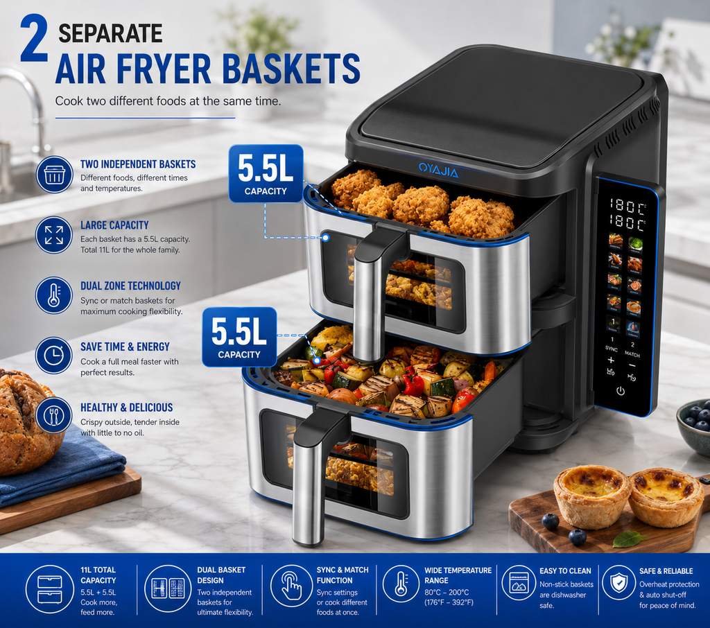 11L Air Fryer Dual Zone Digital Oven Cooker Oil Free Low Fat 10-in-1 Oven 2800W