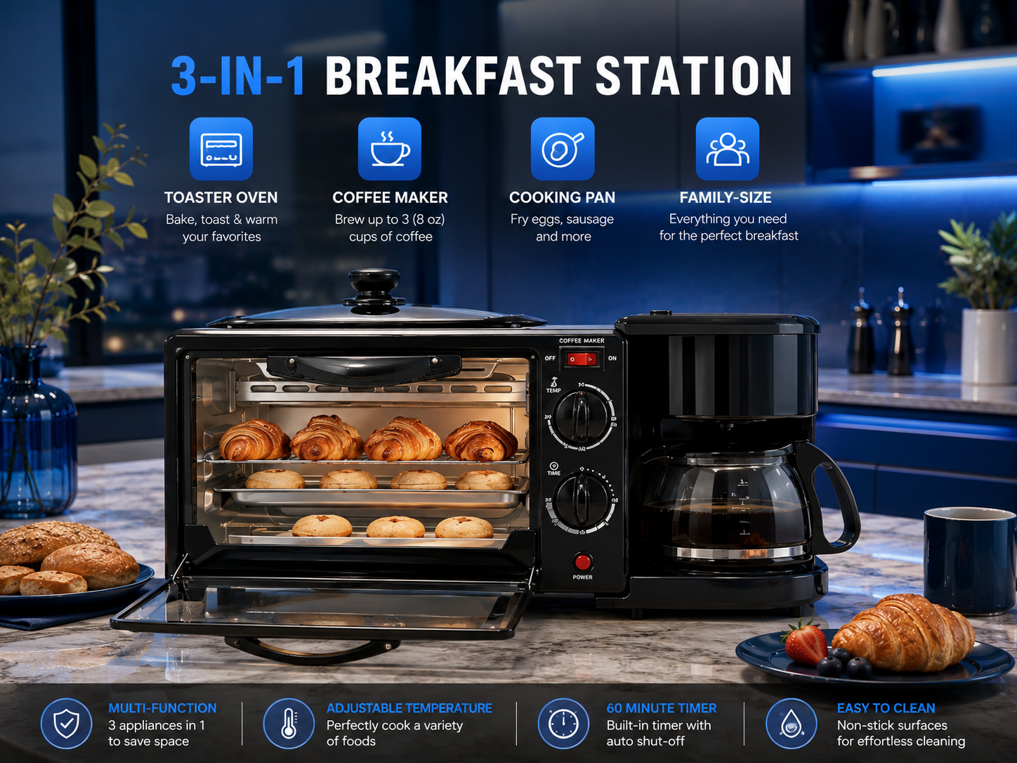 Prepare Your Complete Breakfast In Minutes 3-in-1 Coffee Maker & Toaster Oven Combo with Frying Pan
