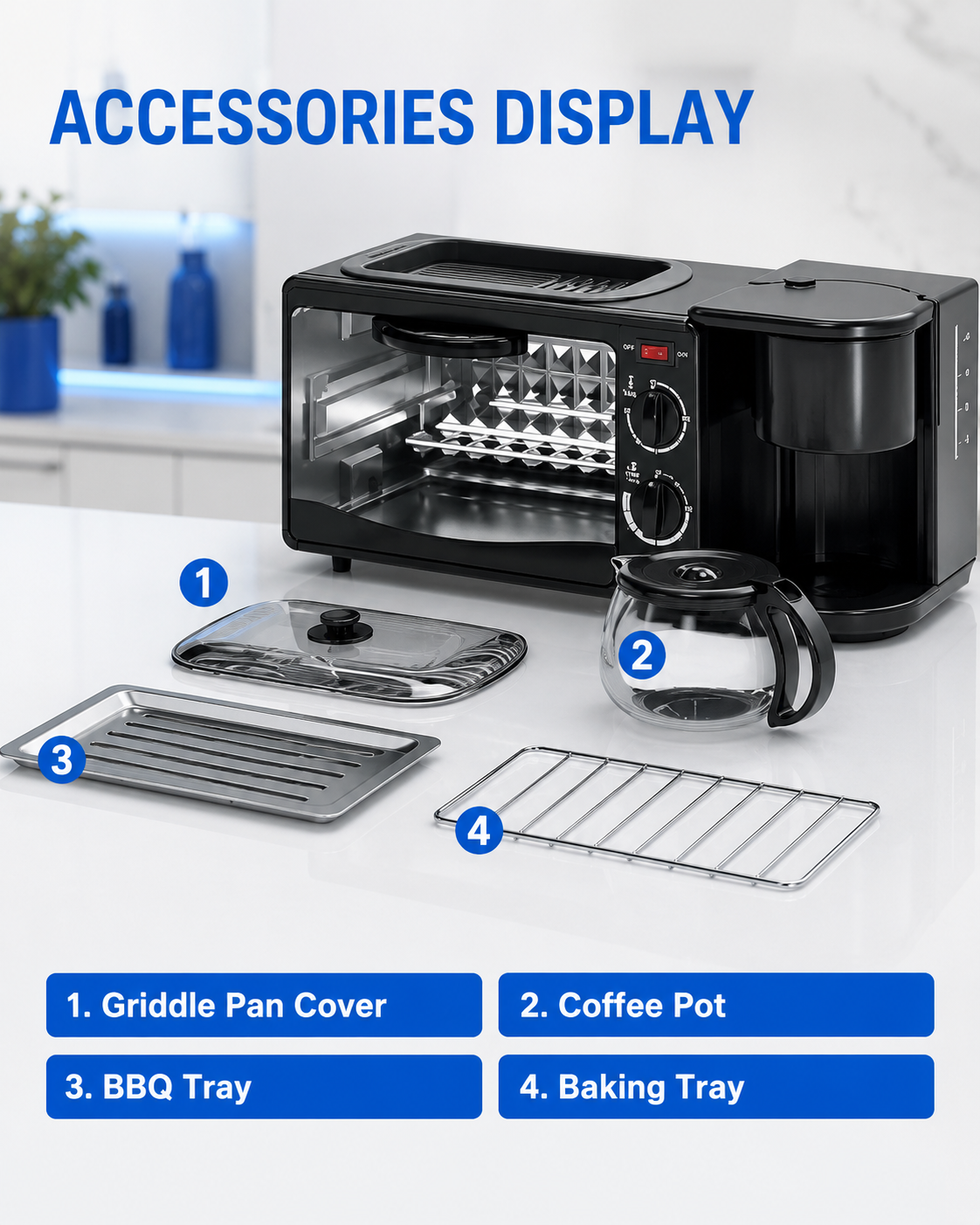 Prepare Your Complete Breakfast In Minutes 3-in-1 Coffee Maker & Toaster Oven Combo with Frying Pan