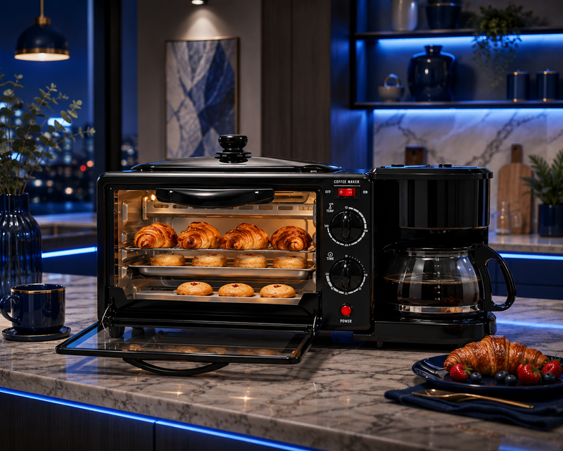 Prepare Your Complete Breakfast In Minutes 3-in-1 Coffee Maker & Toaster Oven Combo with Frying Pan