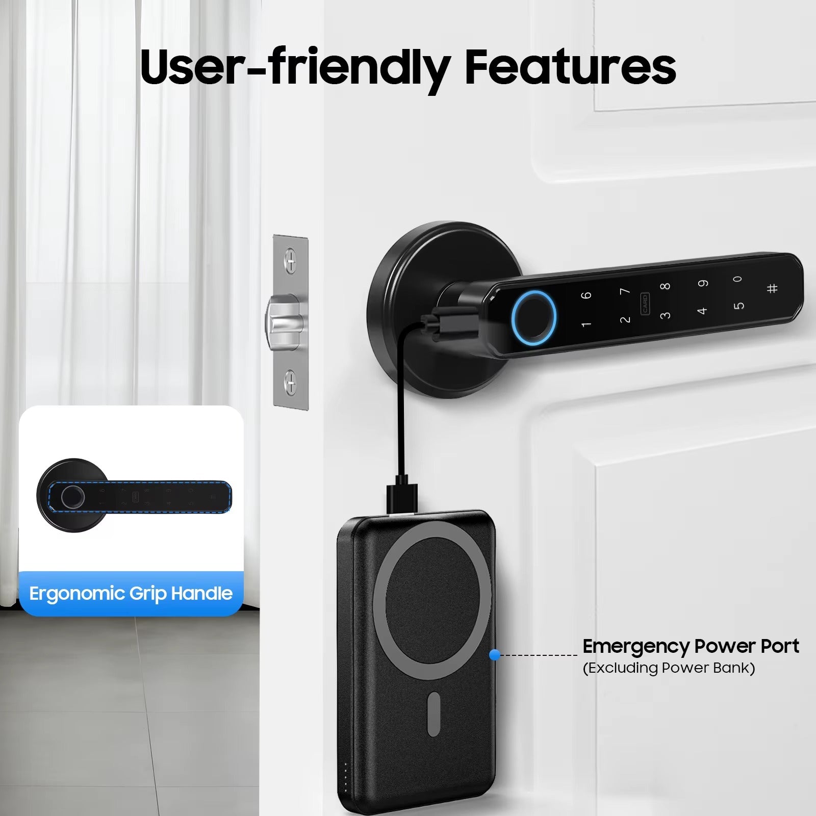 Smart Door Handle Lock Fingerprint/Password/IC Card /Key Unlock 0.2s Unlocking Type-C Emergency Power for Home Apartment Office